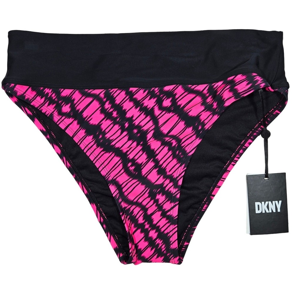 DKNY Womens Bikini Bottoms M Black Pink Ikat‎ Print High Rise Swimwear